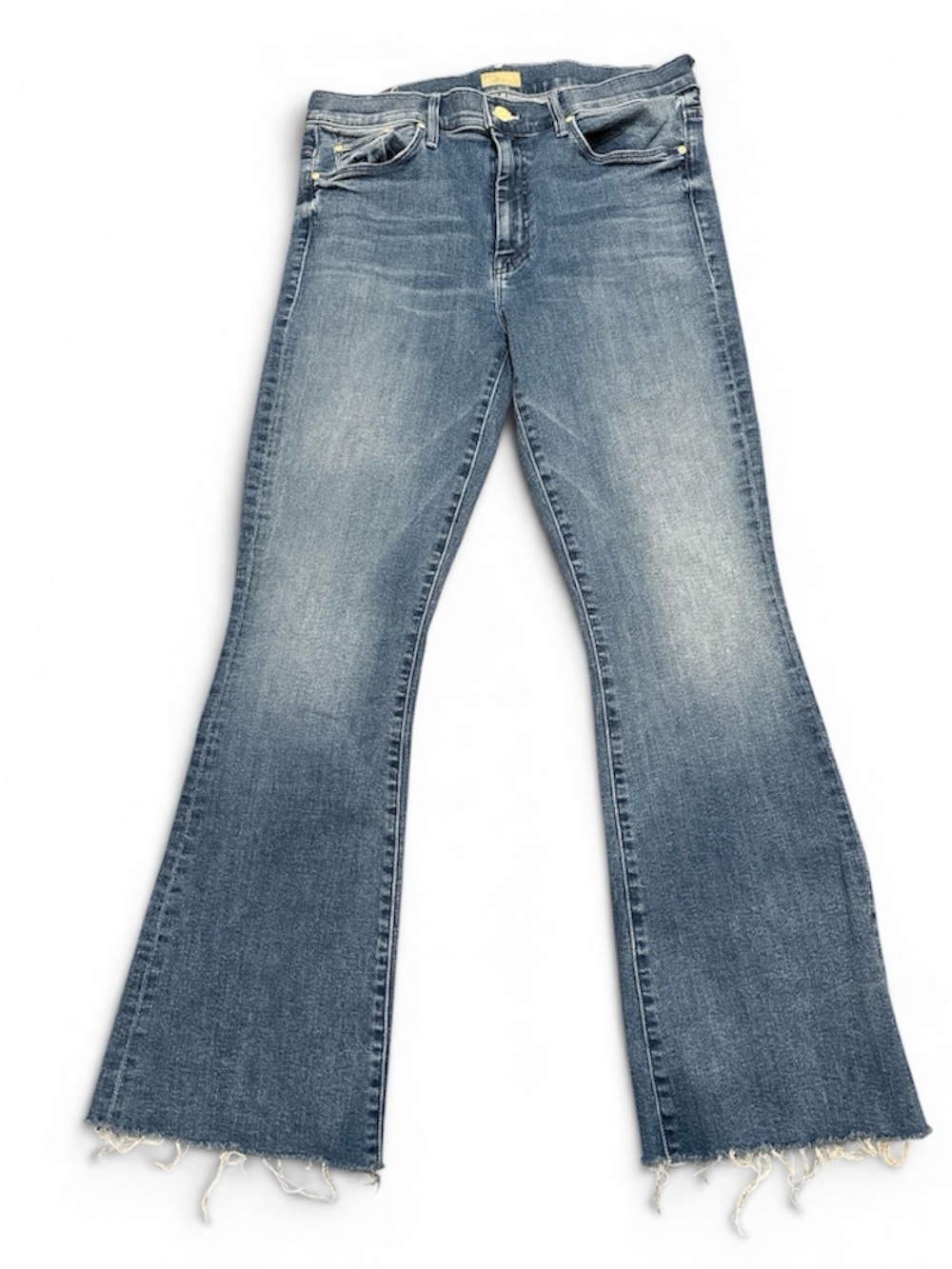 MOTHER Blue Washed Weekender Frey Flare Jeans with Frayed Hem